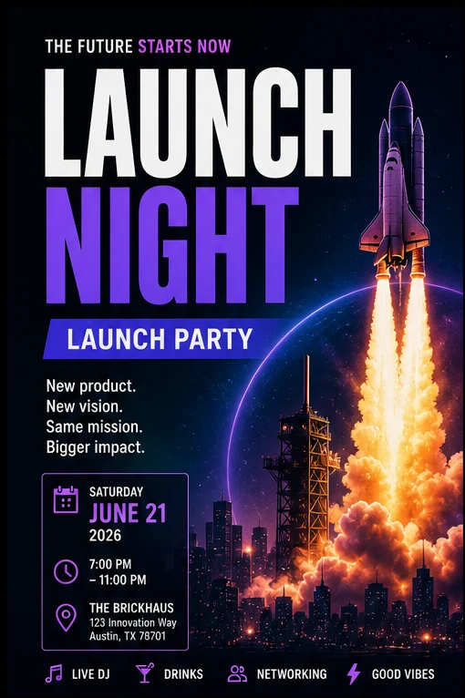 Bold event poster for a launch night with strong date and venue blocks