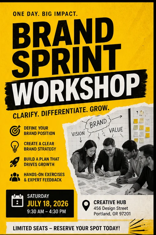 Bold event poster for a brand sprint workshop