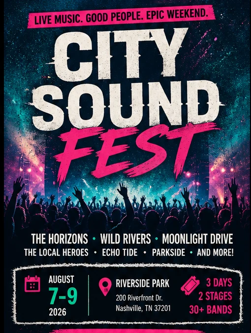 Bold event poster for a city sound music festival