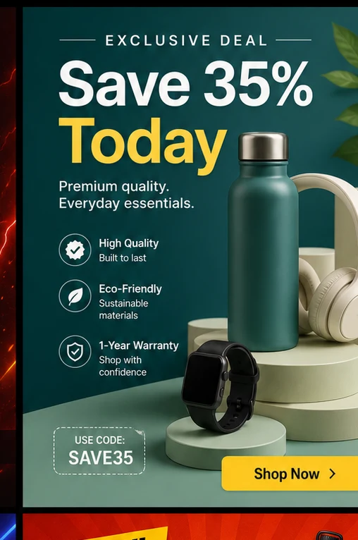 Bold promotional poster with a product discount and strong call to action