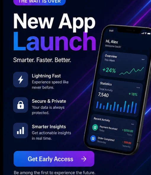 Bold promotional poster for a new app launch with mobile dashboard visual
