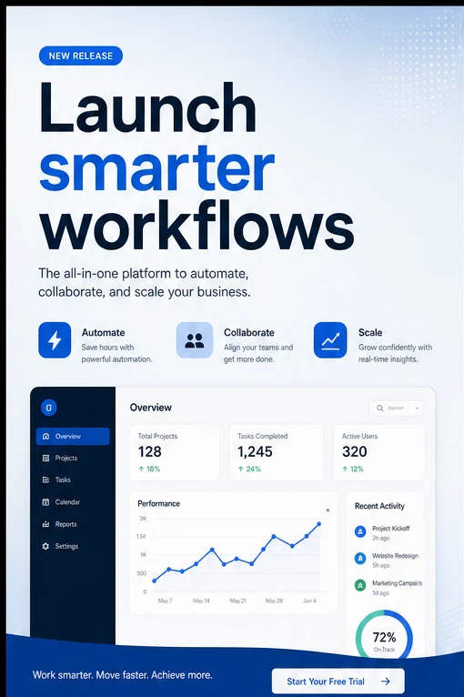 Modern business poster promoting a smarter workflow SaaS launch
