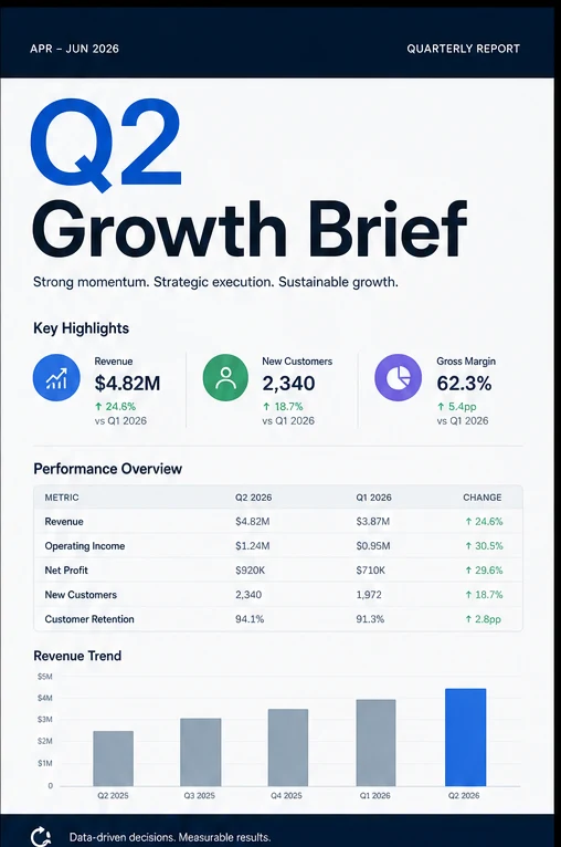 Modern business report poster with quarterly growth metrics and charts