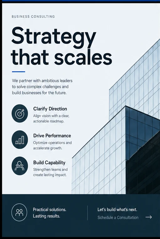 Modern consulting poster with strategy messaging and architecture imagery